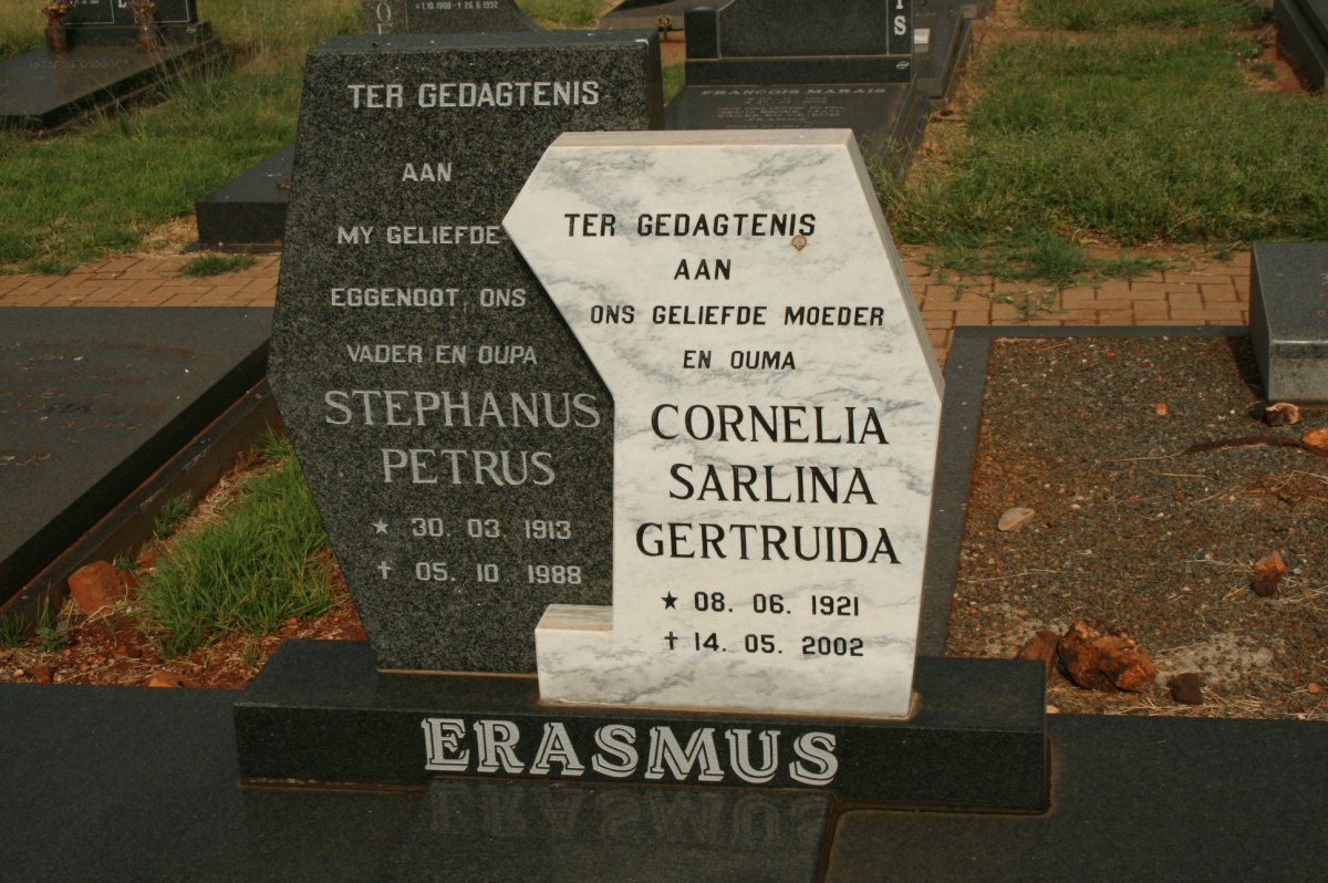ERASMUS Stephanus Petrus 1913-1988 &amp; Cornelia Sarlina Gertruida 1921-2002