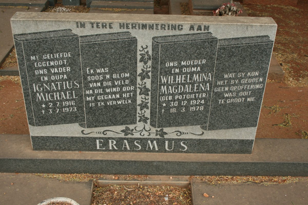 ERASMUS Ignatius Michael 1916-1973 &amp; Wilhelmina Magdalena POTGIETER 1924-1978
