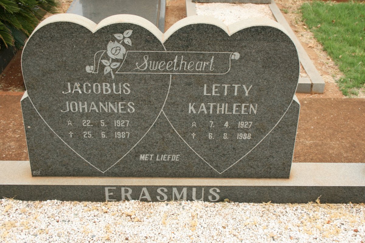 ERASMUS Jacobus Johannes 1927-1987 &amp; Letty Kathleen 1927-1988