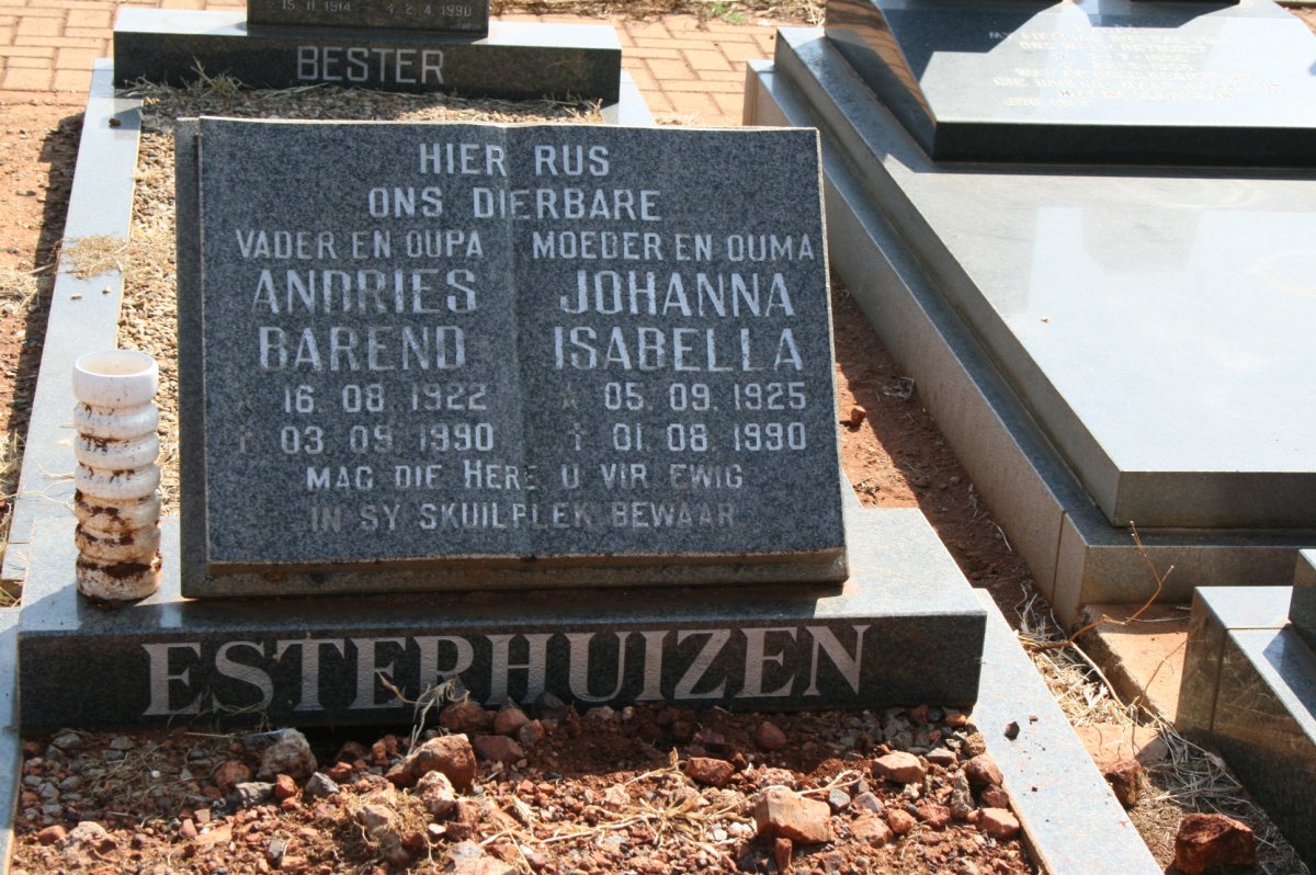ESTERHUIZEN Andries Barend 1922-1990 &amp; Johanna Isabella 1925-1990