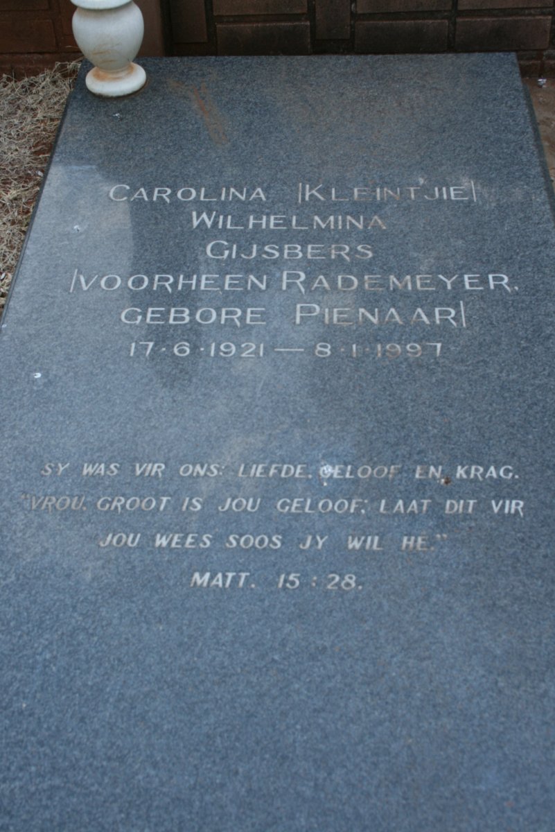 GIJSBERS Carolina Wilhelmina formerly RADEMEYER nee PIENAAR 1921-1997
