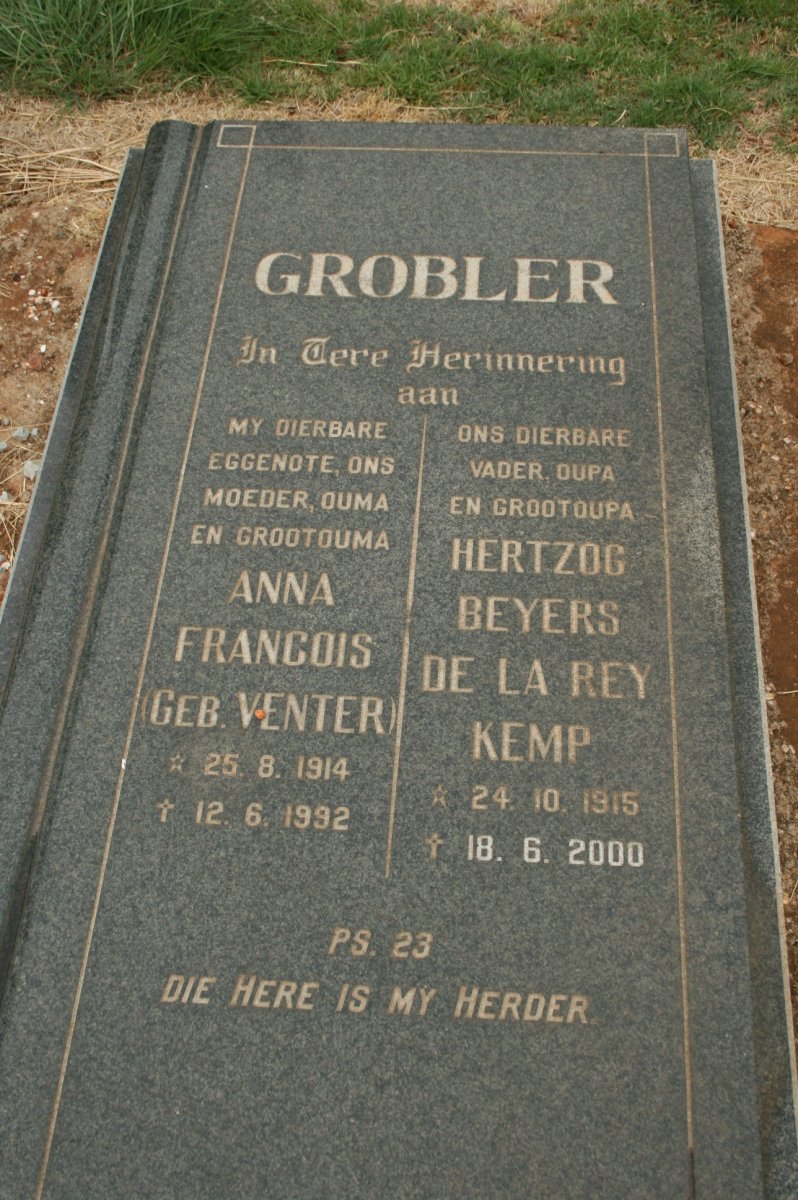 GROBLER Hertzog Beyers De La Rey Kemp 1915-2000 &amp; Anna Francois VENTER 1914-1992