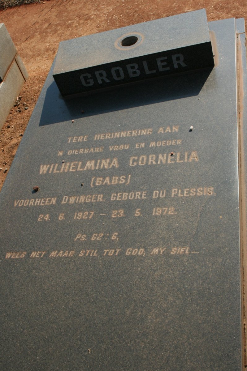 GROBLER Wilhelmina Cornelia previously DWINGER nee DU PLESSIS 1927-1972