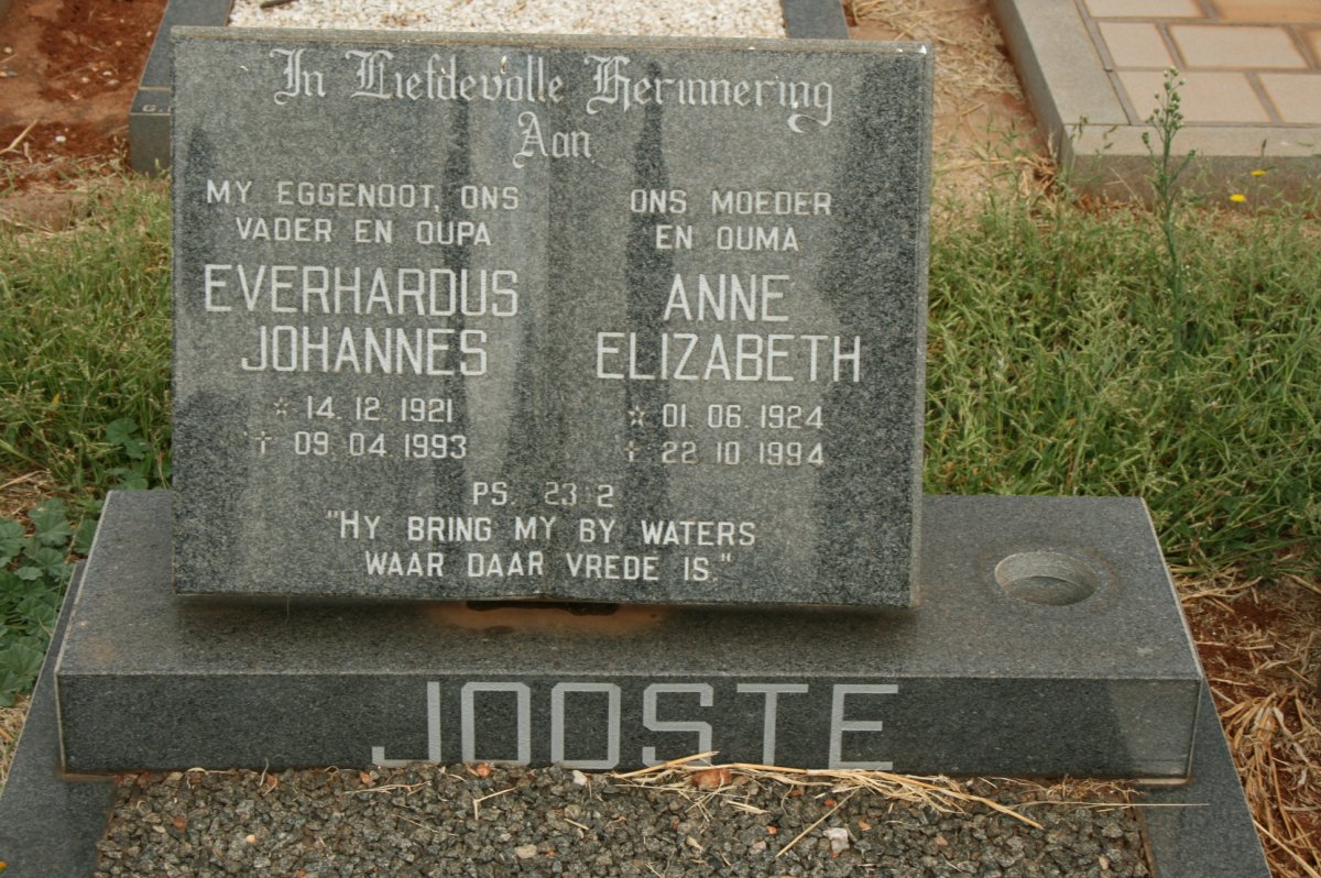 JOOSTE Everhardus Johannes 1921-1993 &amp; Anne Elizabeth 1924-1994