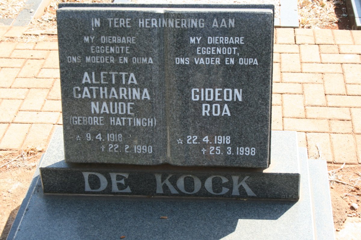 KOCK Gideon Roa, de 1918-1998 &amp; Aletta Catharina Naude HATTINGH 1918-1990