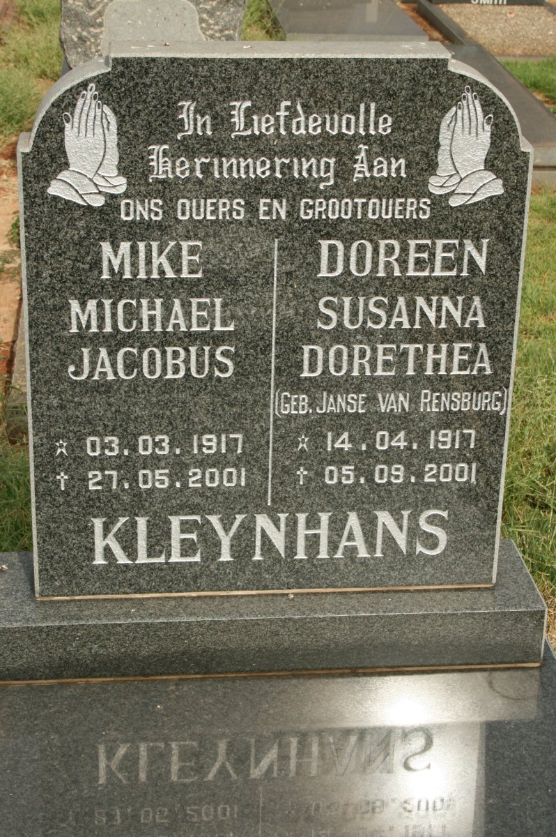 KLEYNHANS Michael Jacobus 1917-2001 &amp; Susanna Dorethea JANSE VAN RENSBURG 1917-2001