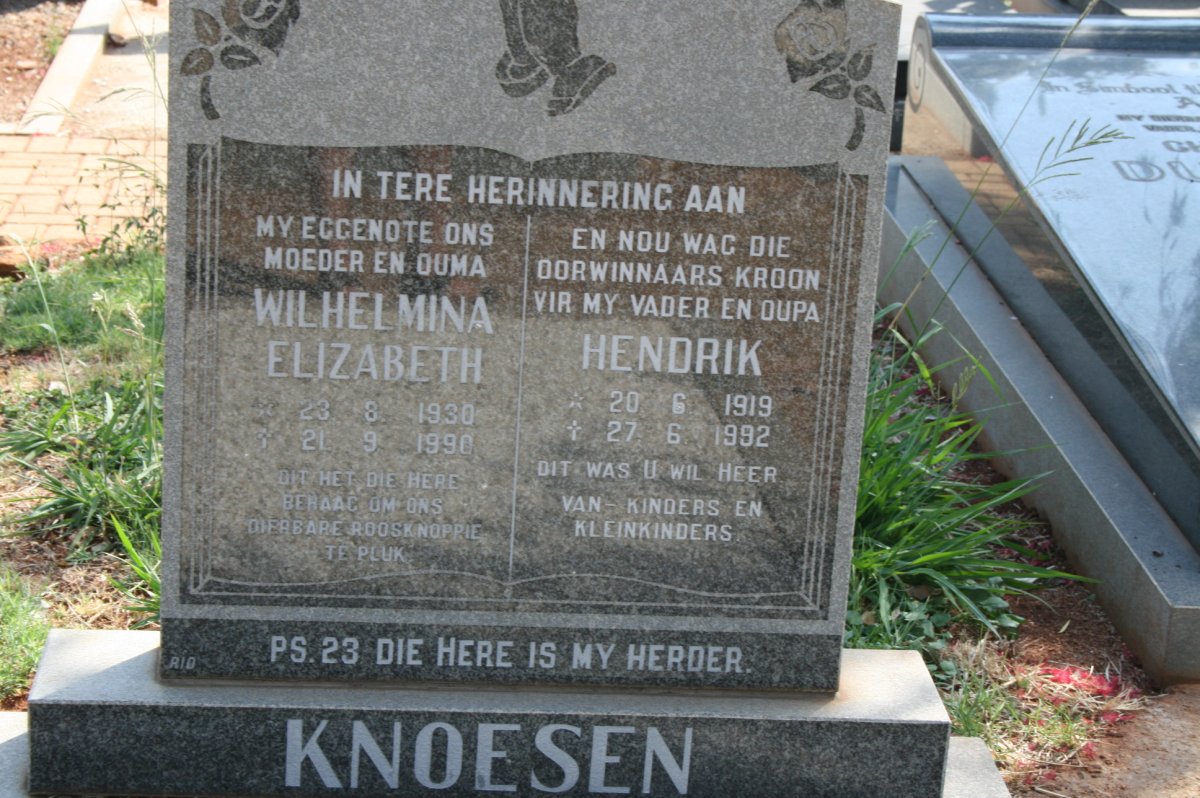 KNOESEN Hendrik 1919-1992 &amp; Wilhelmina Elizabeth 1930-1990