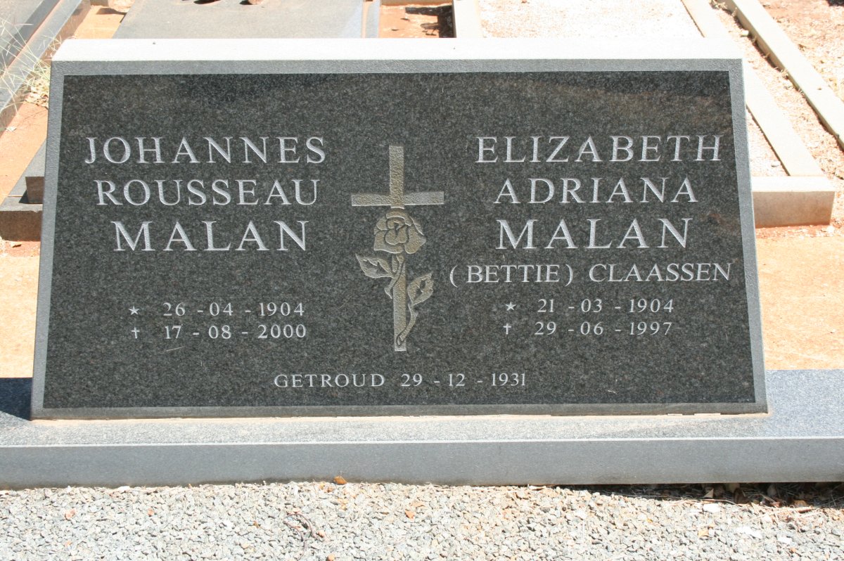MALAN Johannes Rousseau 1904-2000 &amp; Elizabeth Adriana CLAASSEN 1904-1997