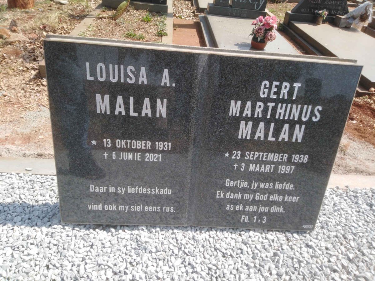 MALAN Gert Marthinus 1938-1997 &amp; Louisa A. 1931-2021