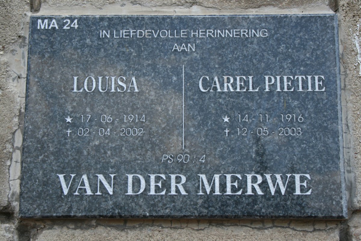 MERWE Carel Pietie, van der 1916-2003 &amp; Louisa 1914-2002