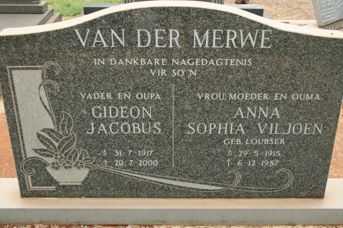 MERWE Gideon Jacobus, van der 1917-2000 &amp; Anna Sophia Viljoen LOUBSER 1915-1987