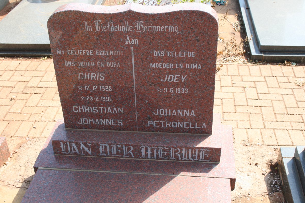 MERWE Christiaan Johannes, van der 1928-1991 &amp; Johanna Petronella 1933-