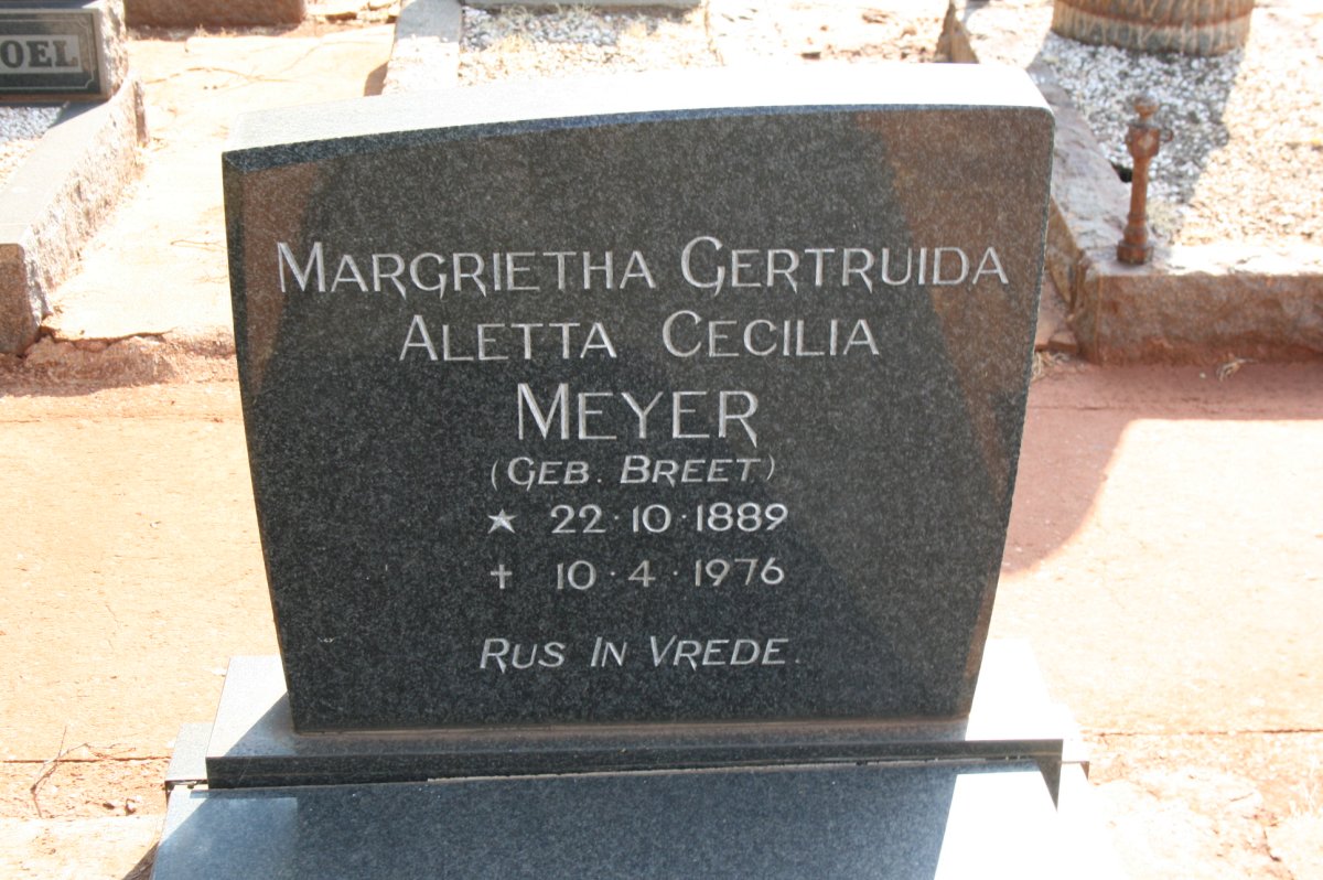 MEYER Margrietha Gertruida Aletta Cecilia nee BREET 1889-1976
