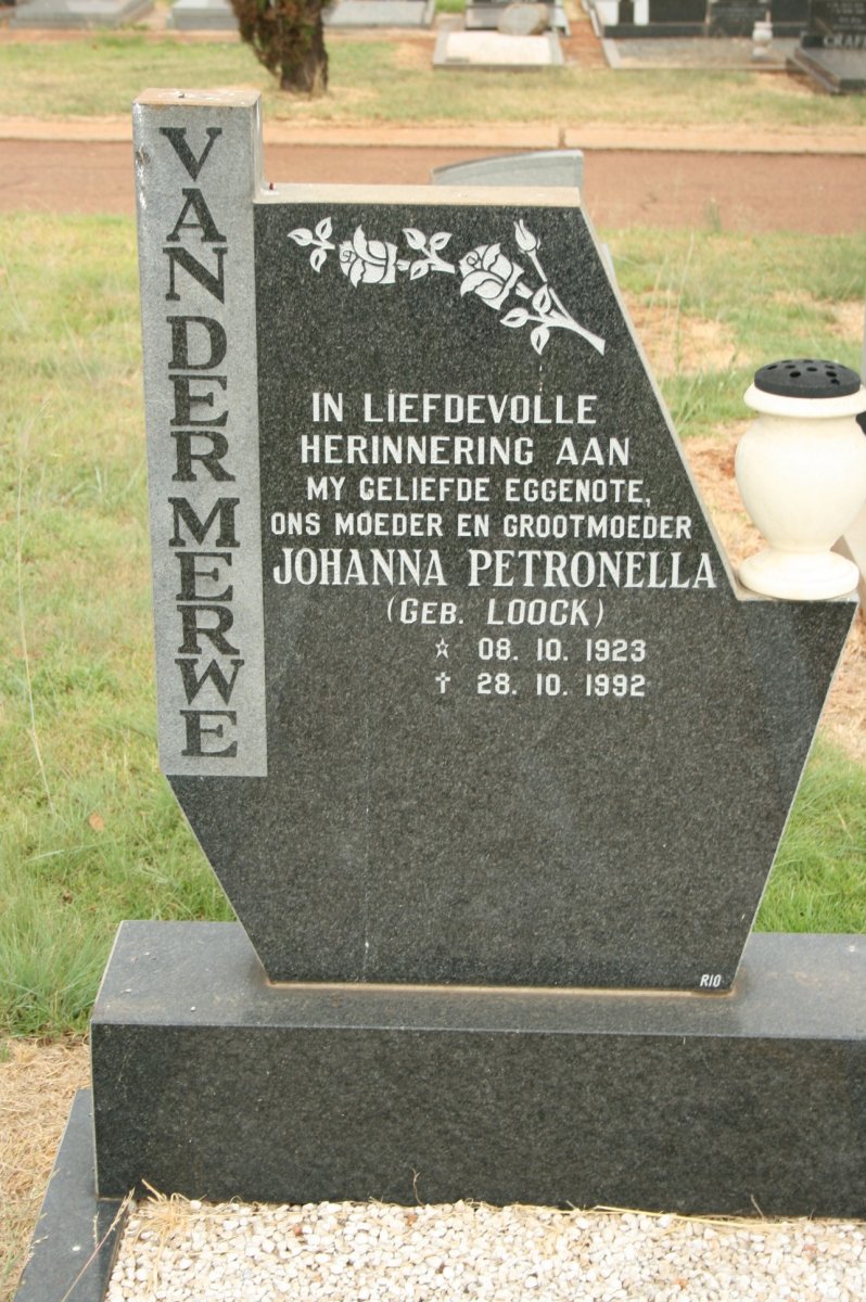 MERWE Johanna Petronella, van der nee LOOCK 1923-1992