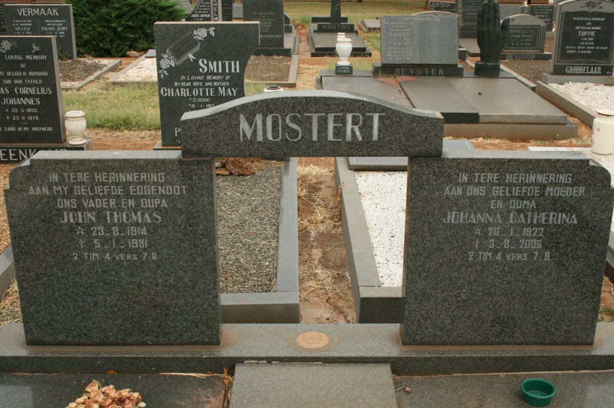 MOSTERT John Thomas 1914-1981 &amp; Johanna Catherina 1922-2006