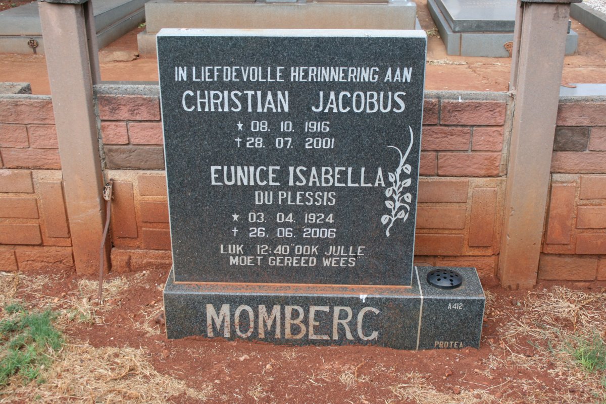 MOMBERG Christian Jacobus 1916-2001 &amp; Eunice Isabella DU PLESSIS 1924-2006