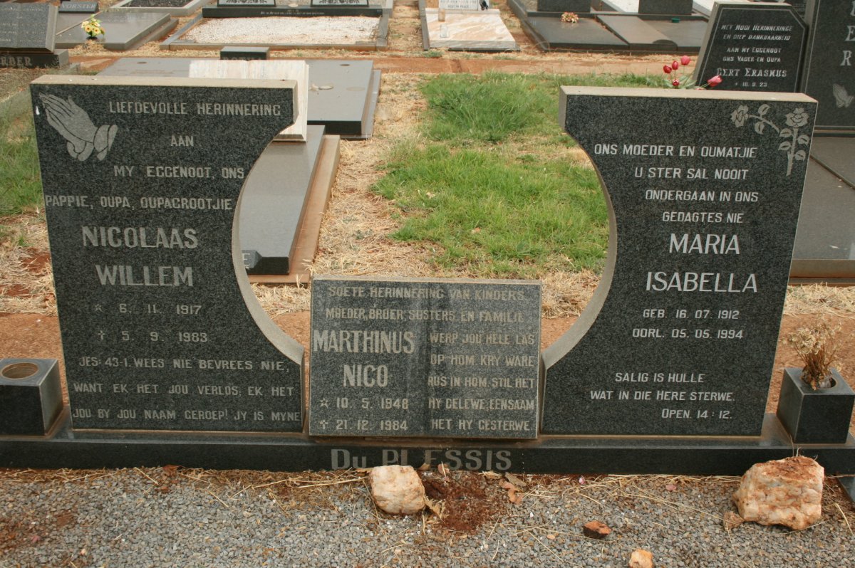 PLESSIS Nicolaas Willem, du 1917-1983 &amp; Maria Isabella 1912-1994 :: DU PLESSIS Marthinus Nico 1948-1984