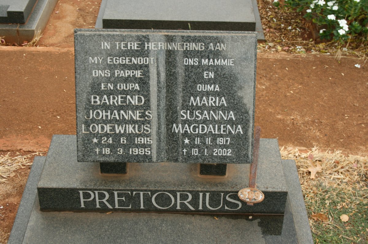 PRETORIUS Barend Johannes Lodewikus 1915-1985 &amp; Maria Susanna Magdalena 1917-2002