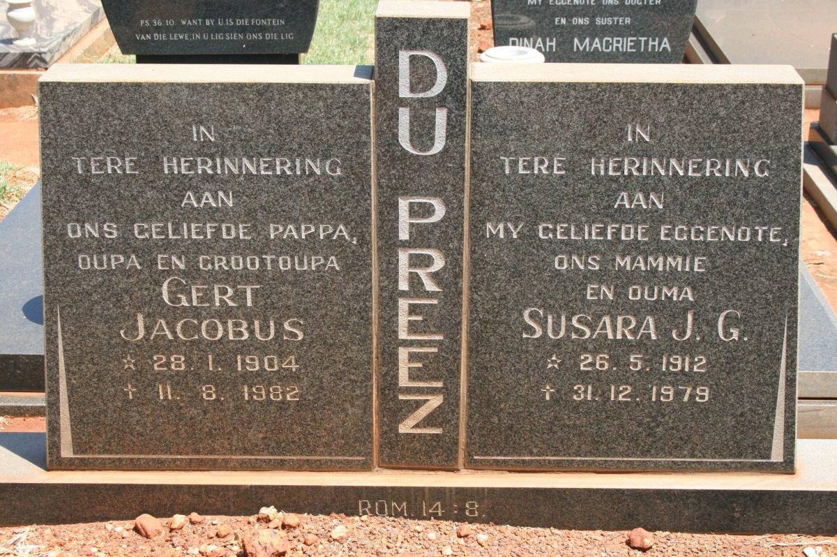 PREEZ Gert Jacobus, du 1904-1982 &amp; Susara J.G. 1912-1979