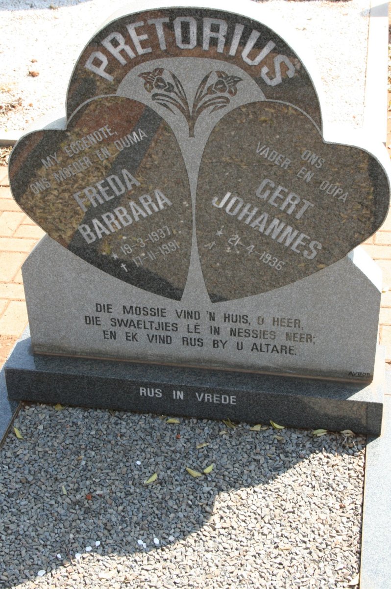 PRETORIUS Gert Johannes 1936- &amp; Freda Barbara 1937-1991