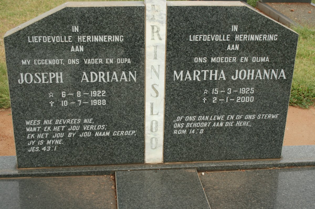 PRINSLOO Joseph Adriaan 1922-1988 &amp; Martha Johanna 1925-2000