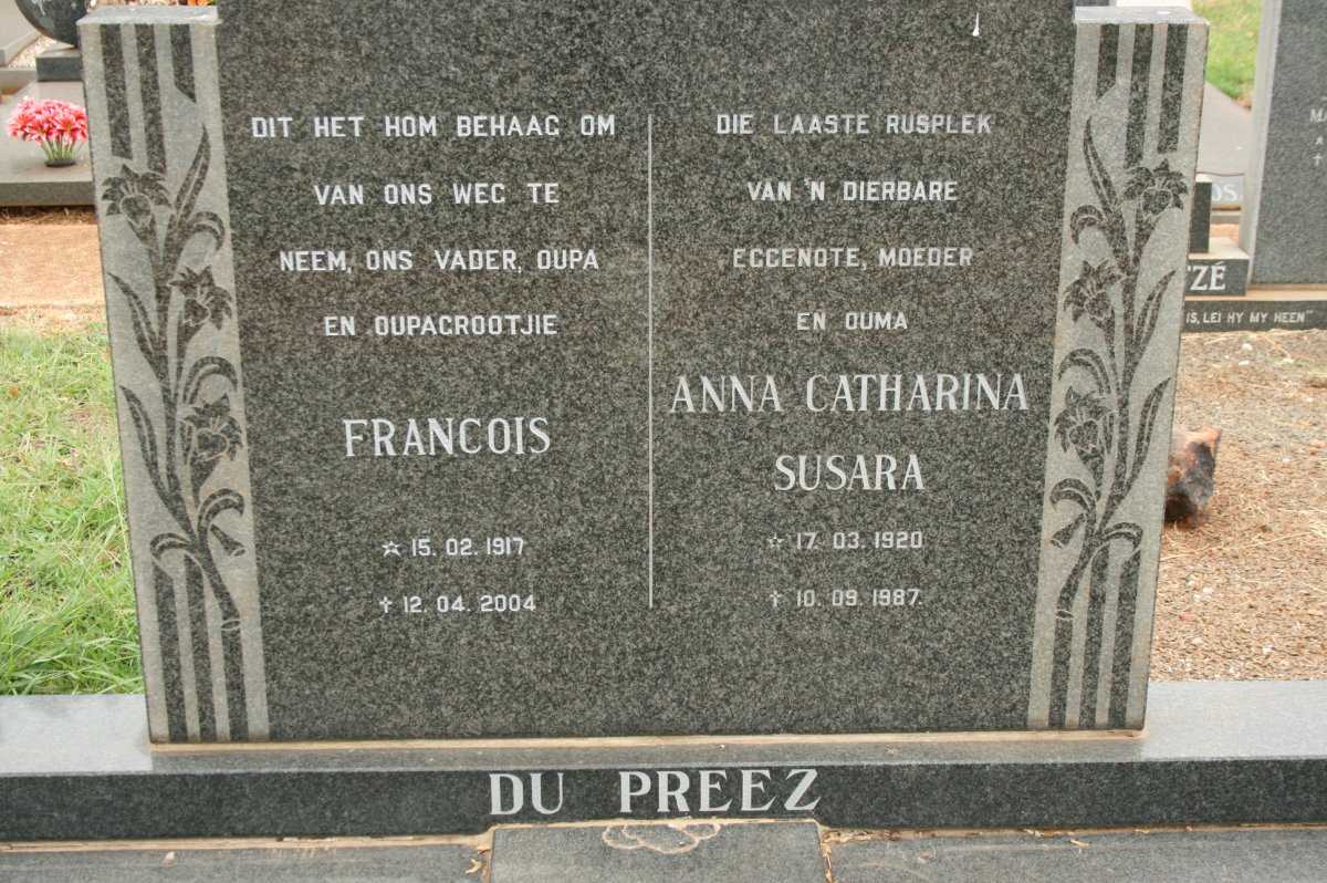 PREEZ Francois, du 1917-2004 &amp; Anna Catharina Susara 1920-1987