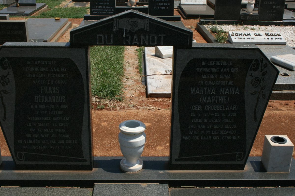 RANDT Frans Bernardus, du 1919-1984 &amp; Martha Maria GROBBELAAR 1917-2001