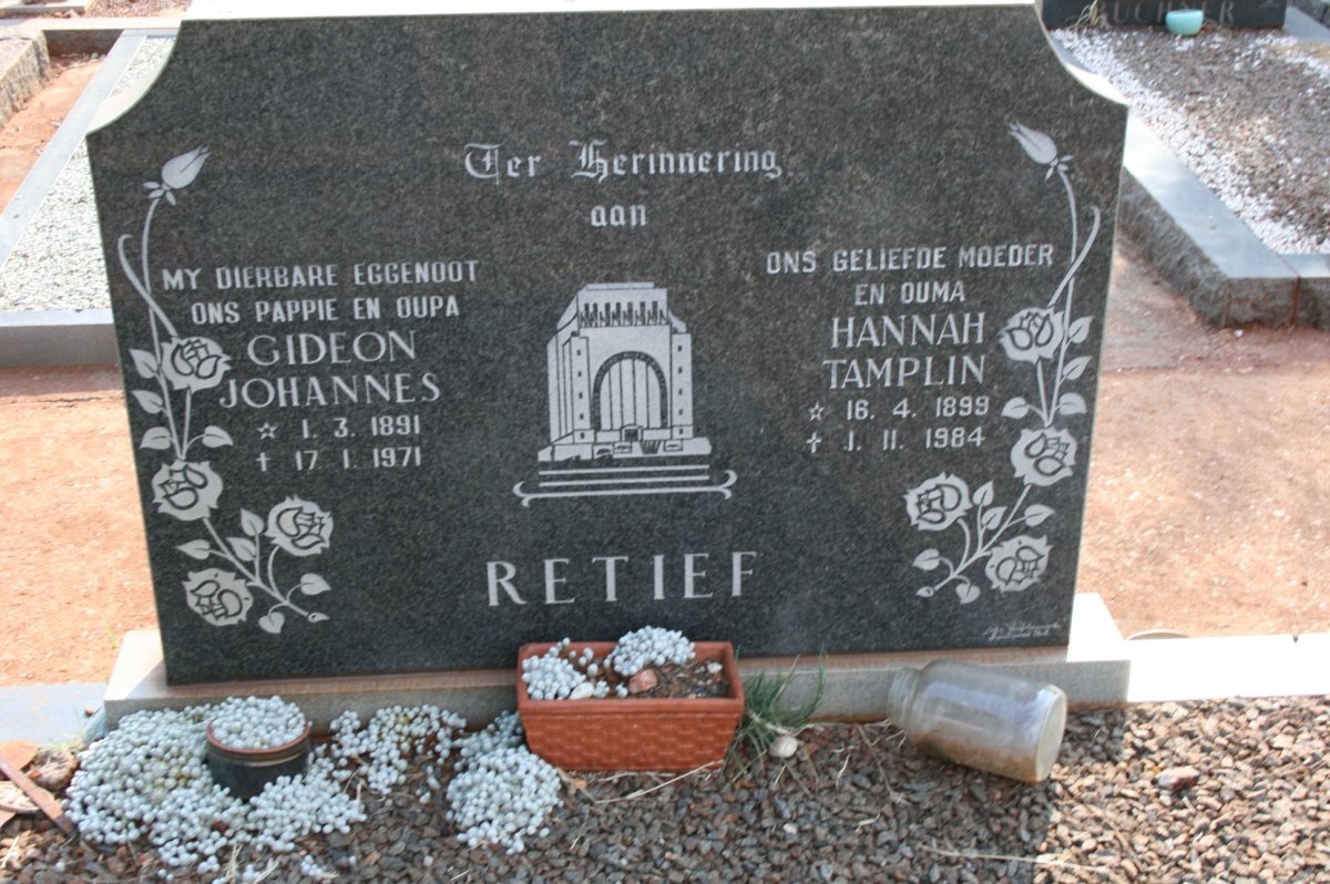 RETIEF Gideon Johannes 1891-1971 &amp; Hannah TAMPLIN 1899-1984
