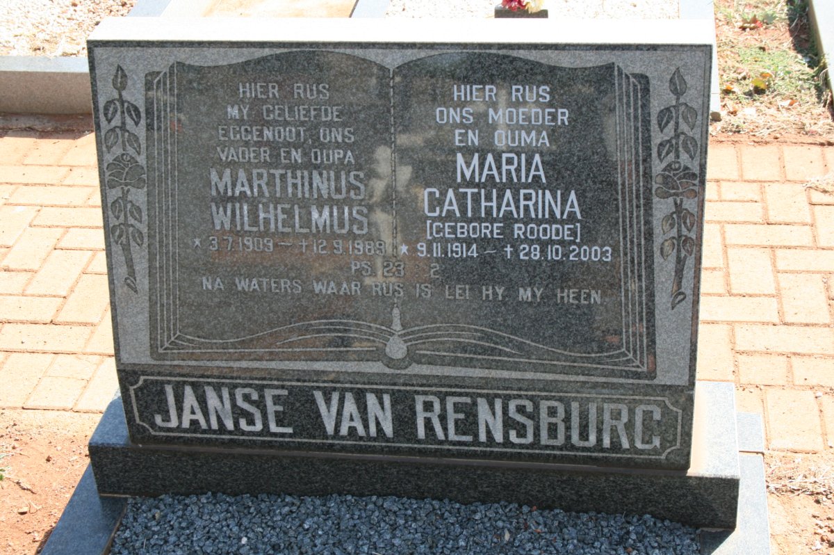 RENSBURG Marthinus Wilhelmus, Jansen van 1909-1989 &amp; Maria Catharina ROODE 1914-2003