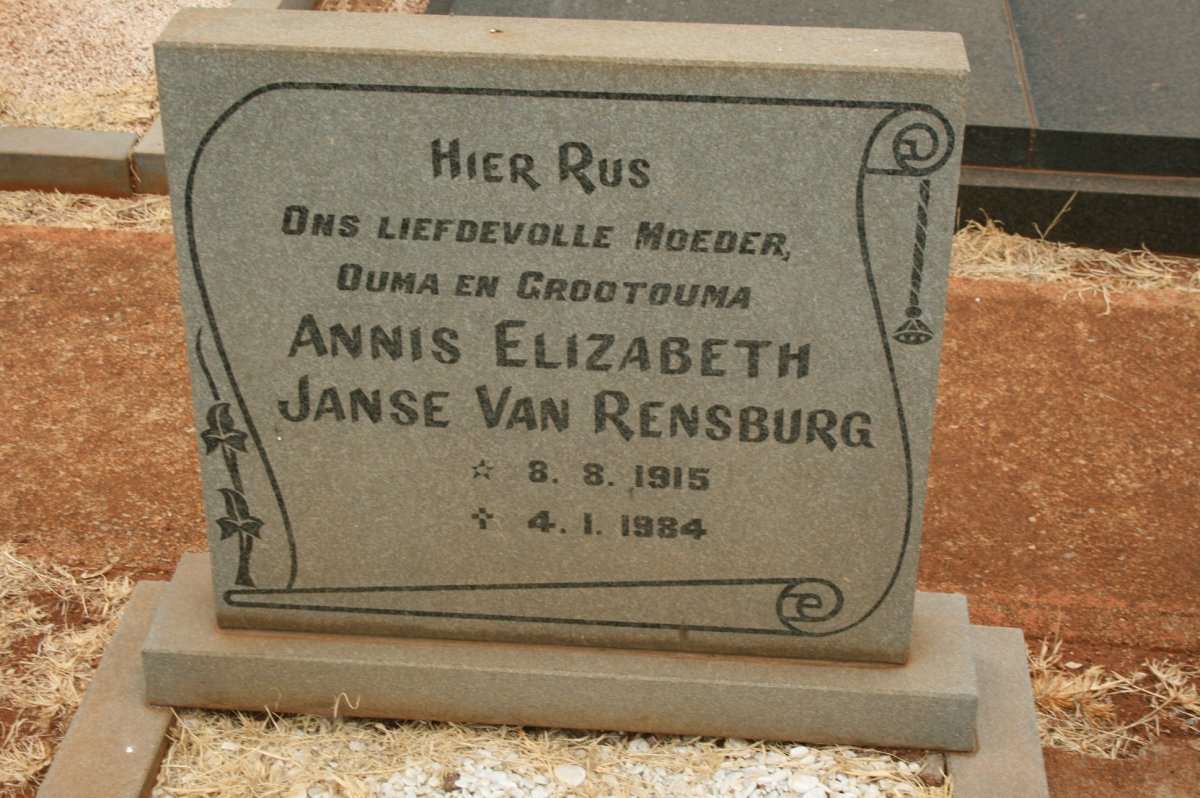 RENSBURG Annis Elizabeth, Janse van 1915-1984