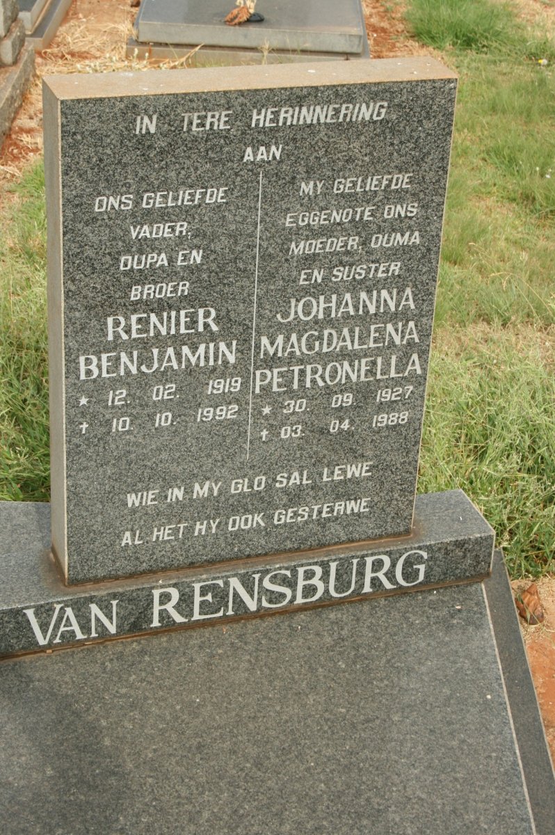 RENSBURG Renier Benjamin, van 1919-1992 &amp; Johanna Magdalena Petronella 1927-1988