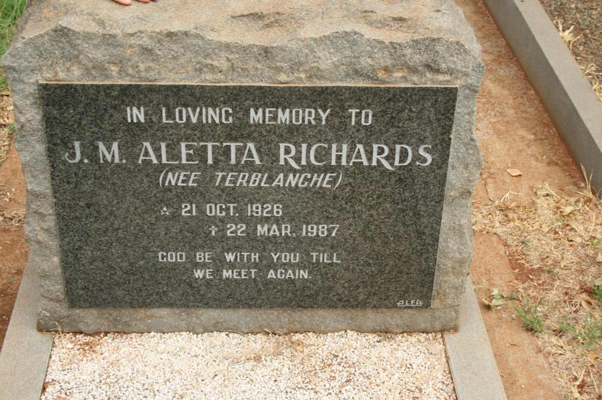 RICHARDS J.M. Aletta nee TERBLANCHE 1926-1987