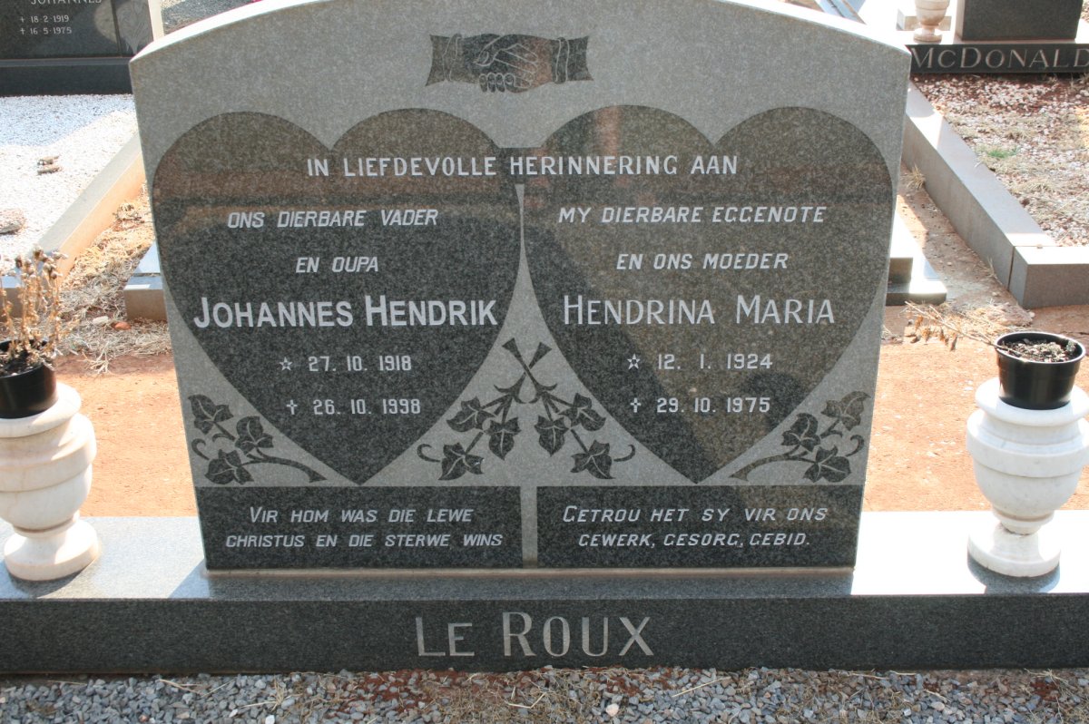 ROUX Johannes Hendrik, le 1918-1998 &amp; Hendrina Maria 1924-1975