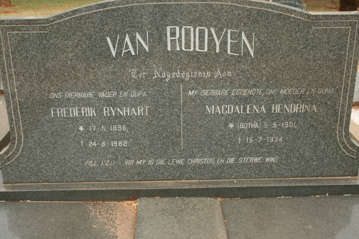 ROOYEN Frederik Rynhart 1896-1982 &amp; Magdalena Hendrina BOTHA 1901-1974