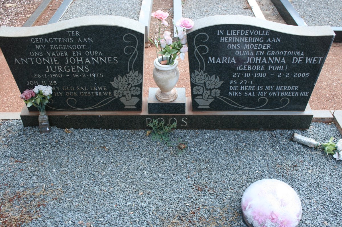 ROOS Antonie Johannes Jurgens 1910-1975 &amp; Maria Johanna De Wet POHL 1910-2005