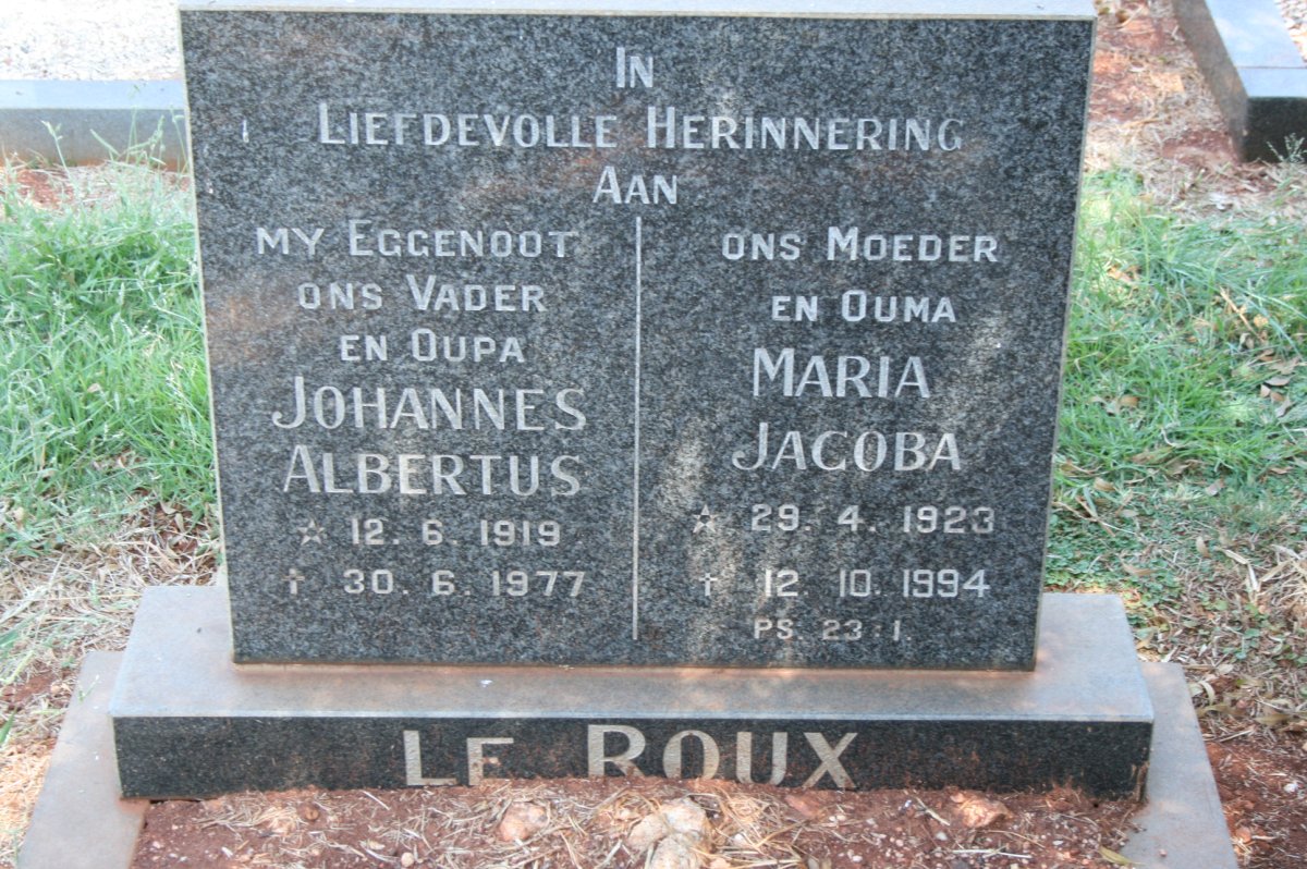 ROUX Johannes Albertus, le 1919-1977 &amp; Maria Jacoba 1923-1994