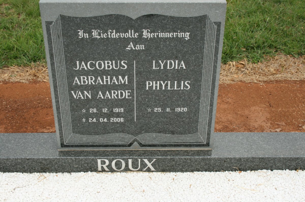 ROUX Jacobus Abraham Van Aarde 1919-2006 &amp; Lydia Phyllis 1920-