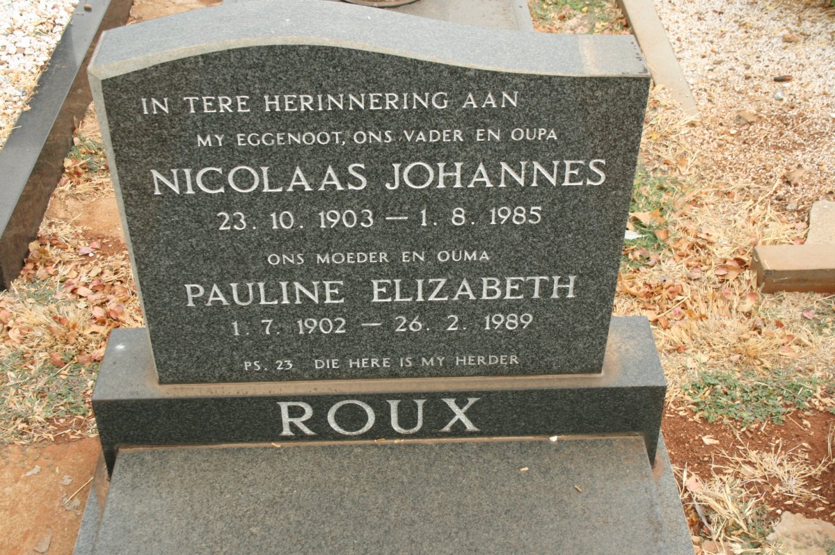 ROUX Nicolaas Johannes 1903-1985 &amp; Pauline Elizabeth 1902-1989