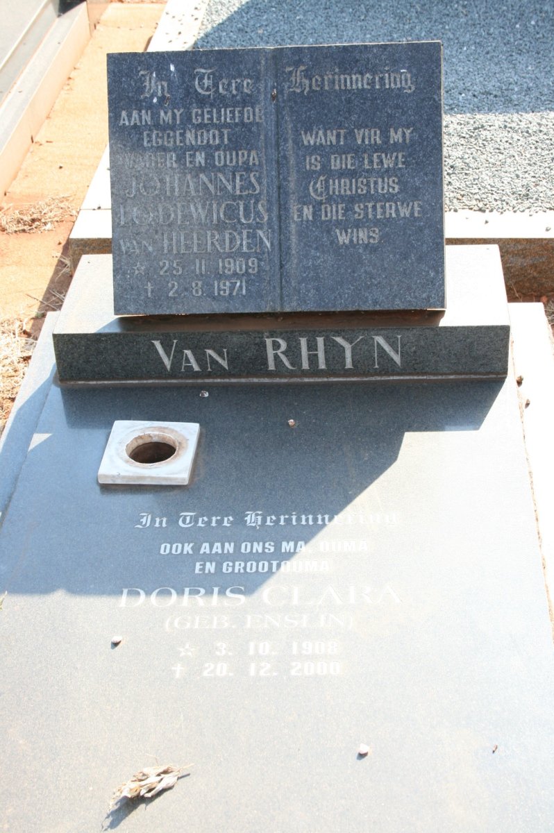 RHYN Johannes Lodewicus van Heerden, van 1909-1971 &amp; Doris Clara ENSLIN 1908-2000