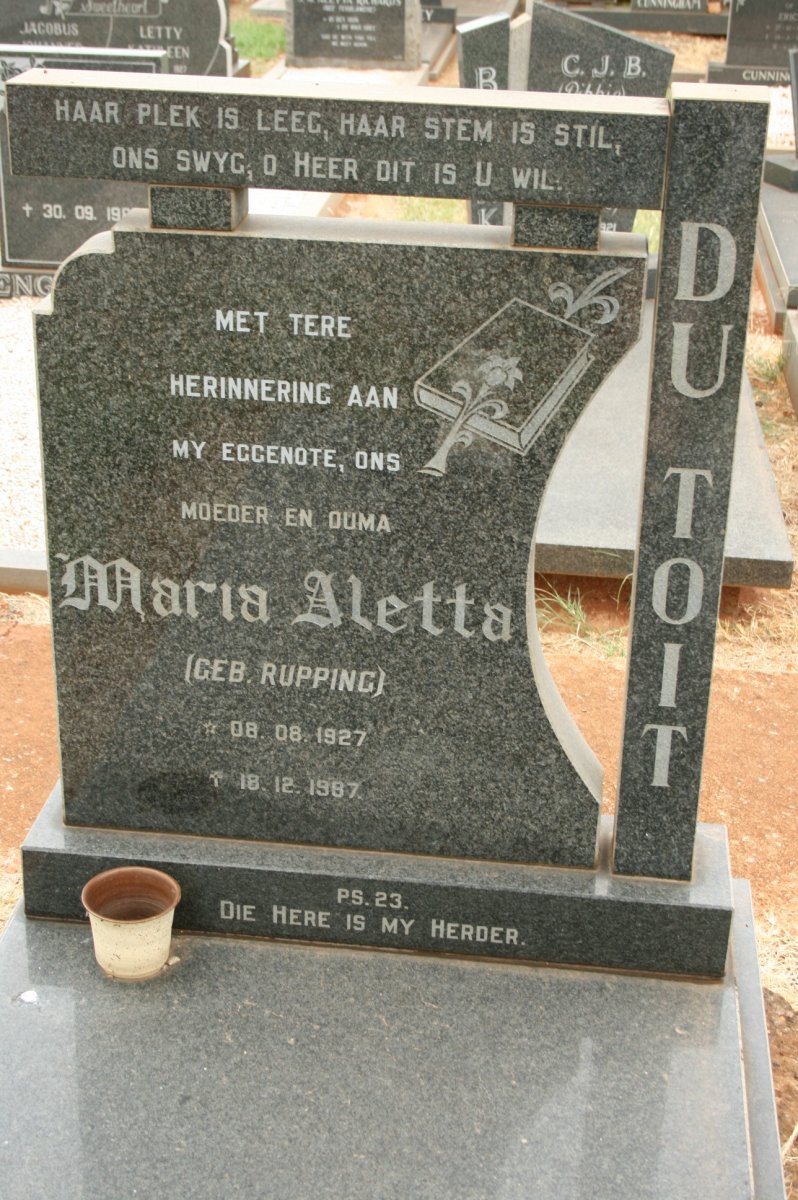 TOIT Maria Aletta, du nee RUPPING 1927-1987