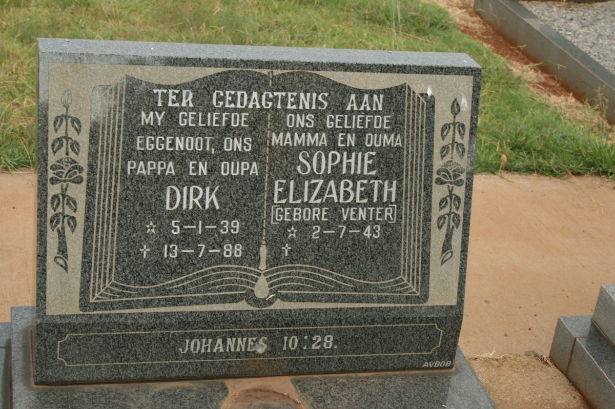 VENTER Dirk 1939-1988 &amp; Sophie Elizabeth VENTER 1943-