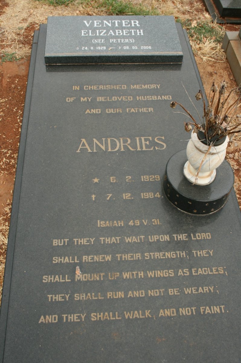 VENTER Andries 1929-1984 &amp; Elizabeth PETERS 1929-2006
