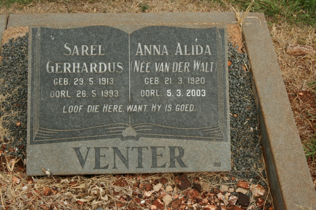 VENTER Sarel Gerhardus 1913-1993 &amp; Anna Alida VAN DER WALT 1920-2003