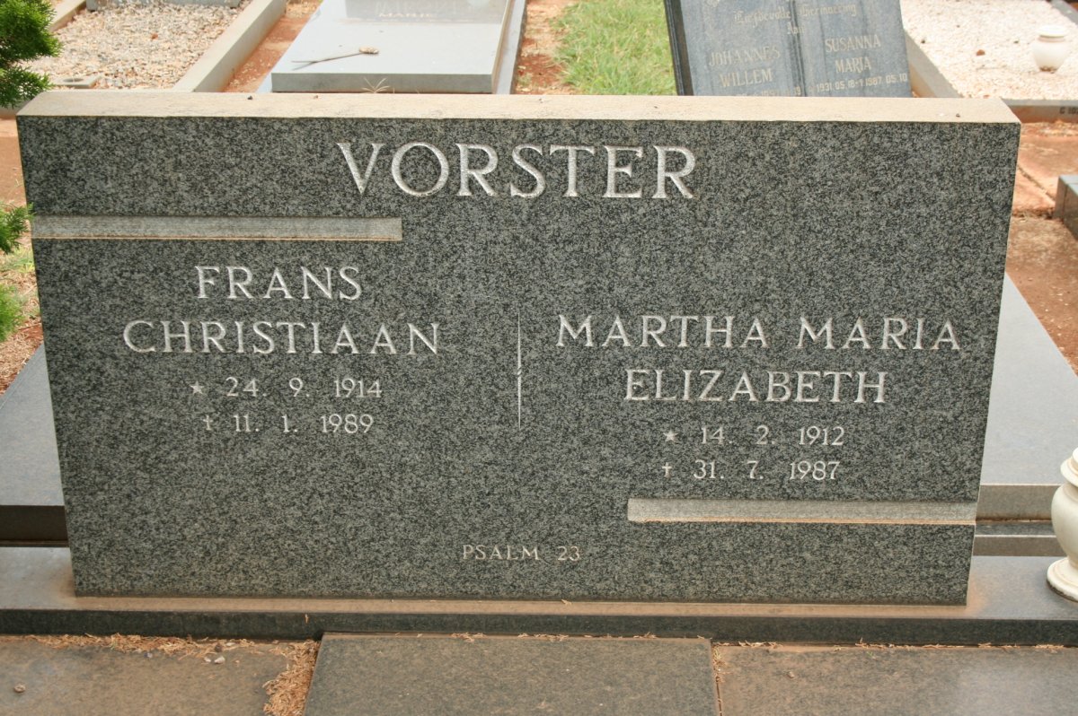 VORSTER Frans Christiaan 1914-1989 &amp; Martha Maria Elizabeth 1912-1987