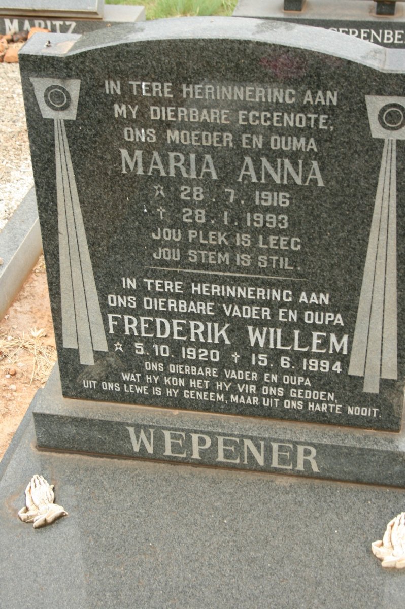 WEPENER Frederik Willem 1920-1994 &amp; Maria Anna 1916-1993
