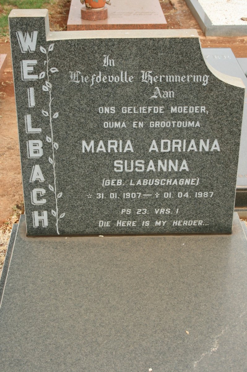 WEILBACH Maria Adriana Susanna nee LABUSCHAGNE 1907-1987