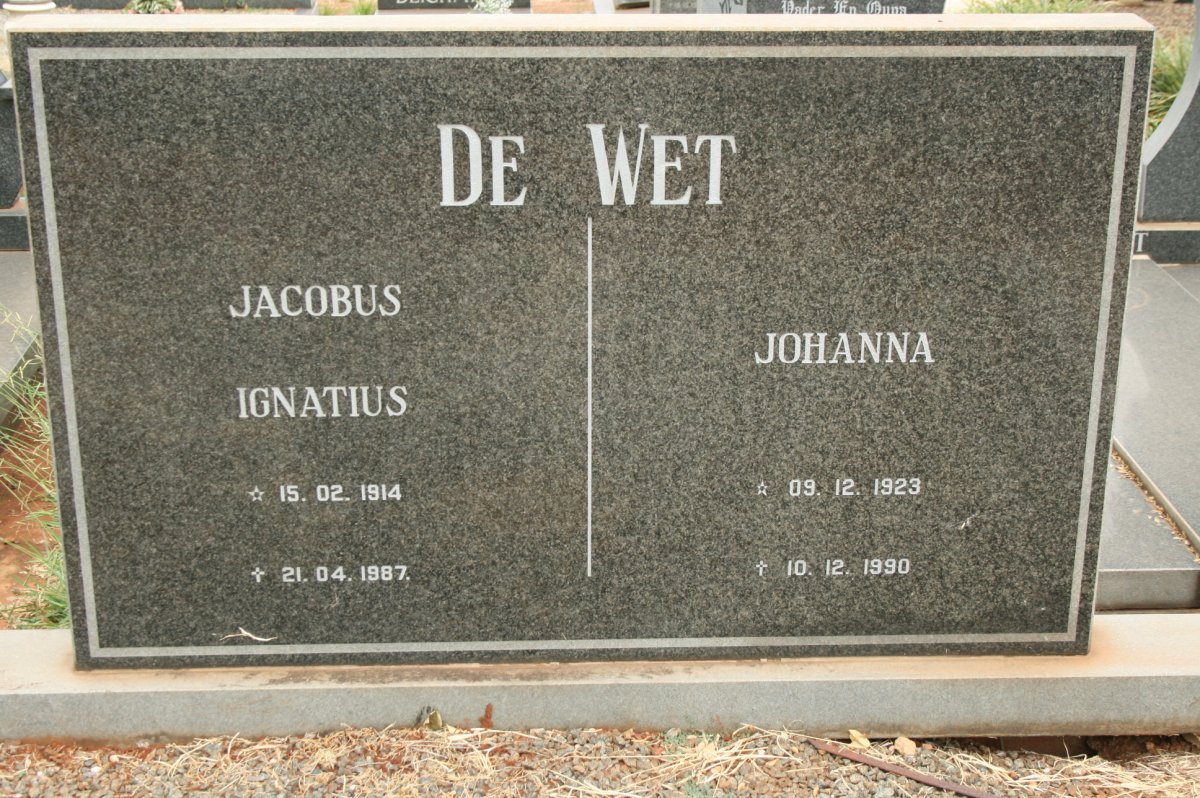 WET Jacobus Ignatius, de 1914-1987 &amp; Johanna 1923-1990