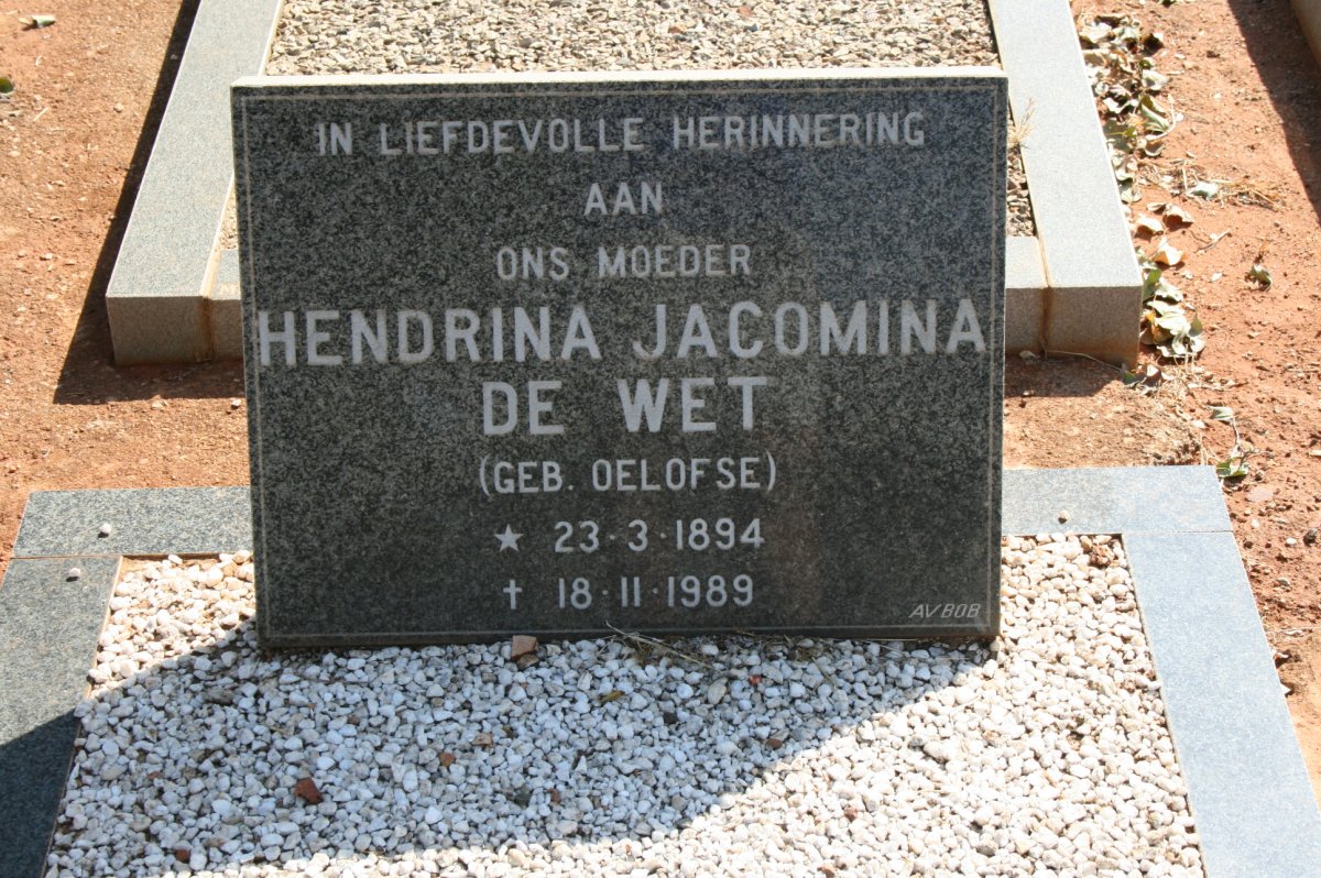 WET Hendrina Jacomina, de nee OELOFSE 1894-1989