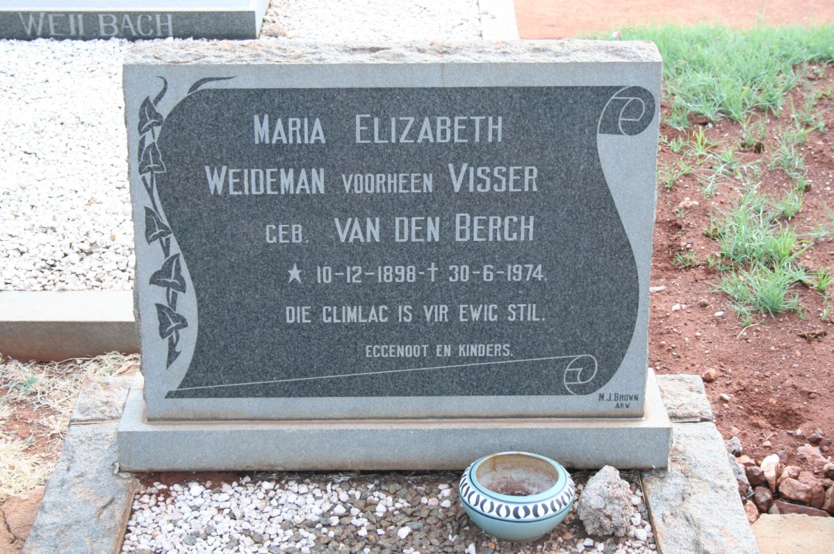 WEIDEMAN Maria Elizabeth previously VISSER nee VAN DEN BERGH 1898-1974