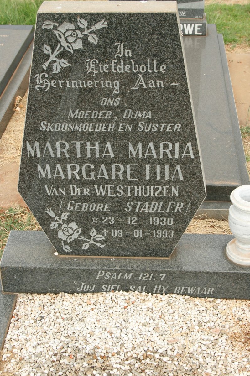 WESTHUIZEN Martha Maria Margaretha, van der nee STADLER 1930-1993